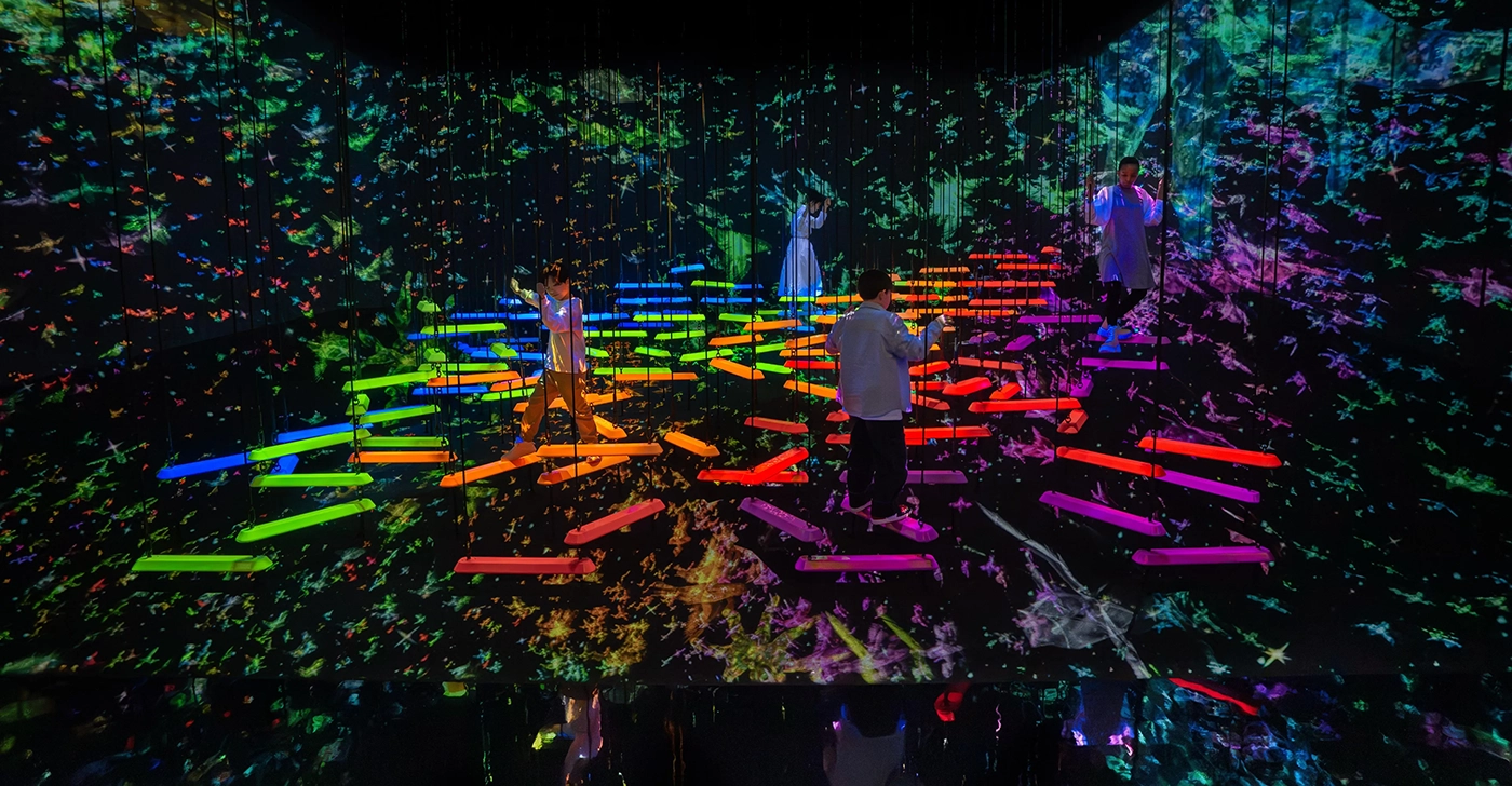 TeamLab Aerial Climbing through a Flock of Colored Birds